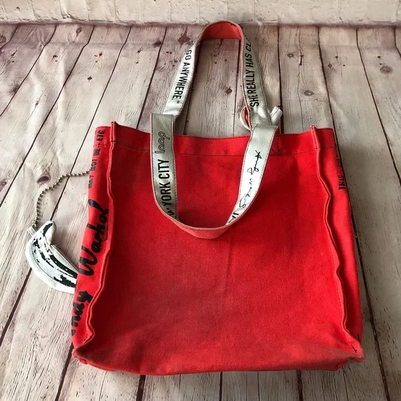 Loop NYC & ANDY WARHOL-Red Jackie O. Distressed Tote Canvas Bag-REPOSHING-used - Picture 13 of 17